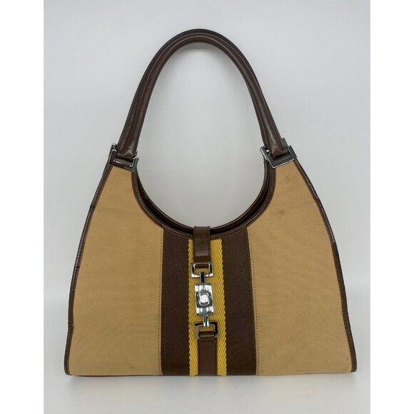 Gucci Handbags - Gucci Womens Jackie Bag Canvas Leather Trim Shoulder Handbag Beige Brown